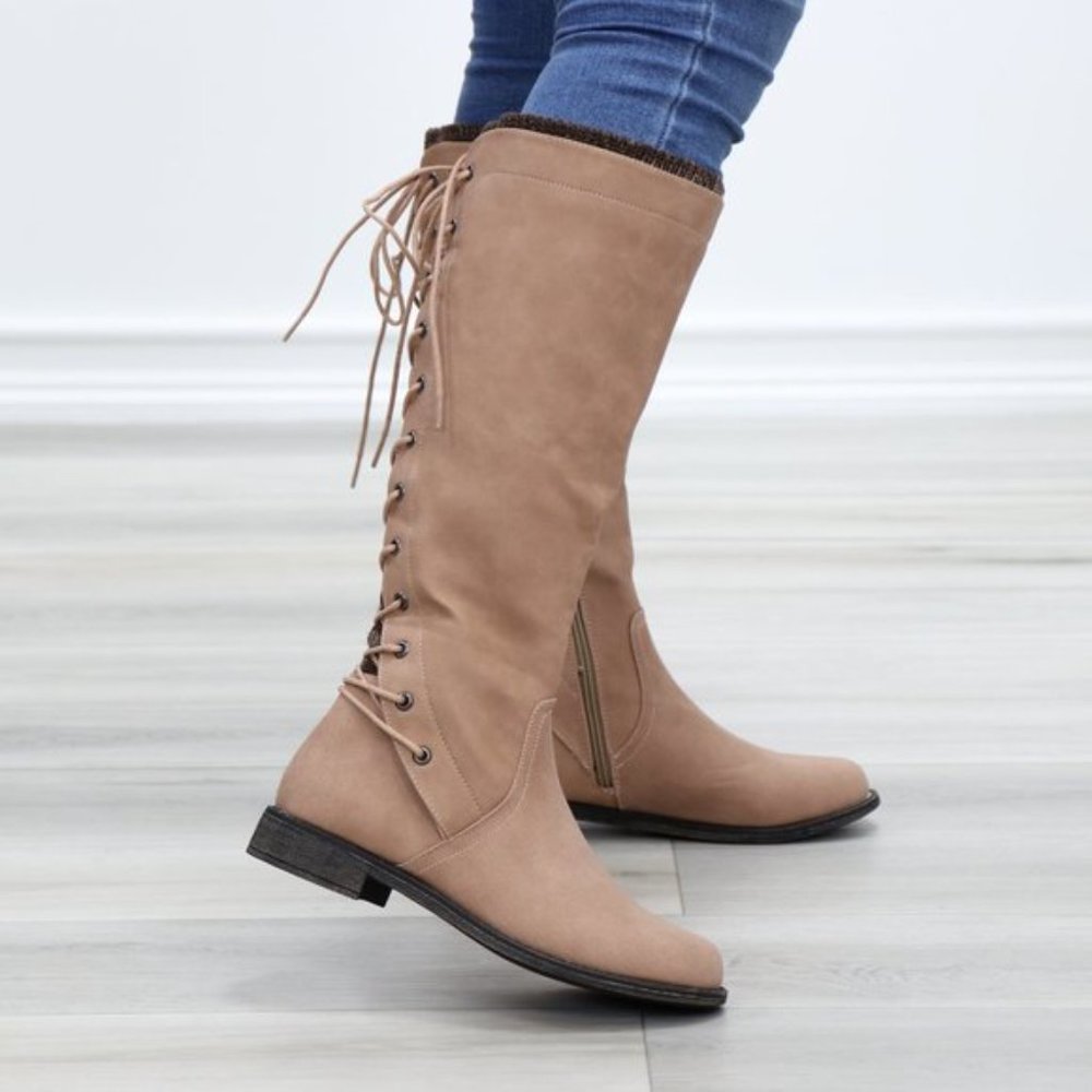 Taupe Warm Winter Mid Calf Lace Back Boots - Picture 9 of 15